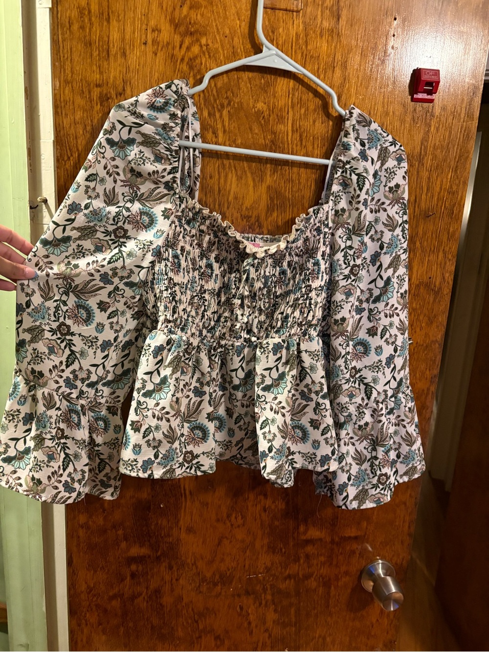 miami White Floral Smocked Peplum Blouse with Teal & Brown Print